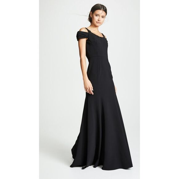 New! MARCHESA NOTTE Women's Beaded Neckline Cold-Shoulder Black Gown Dress 14 - Picture 8 of 13